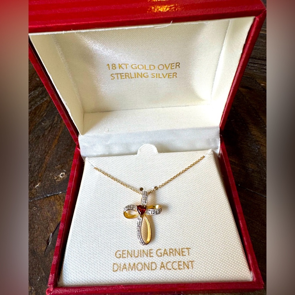 18K Gold over Sterling Silver Cross Necklace with Garnet & Diamond Accents - NWT
